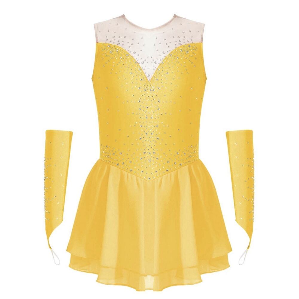 iEFiEL Girls Figure Skating Dress Yellow Size 8 Rhinestone Gloves